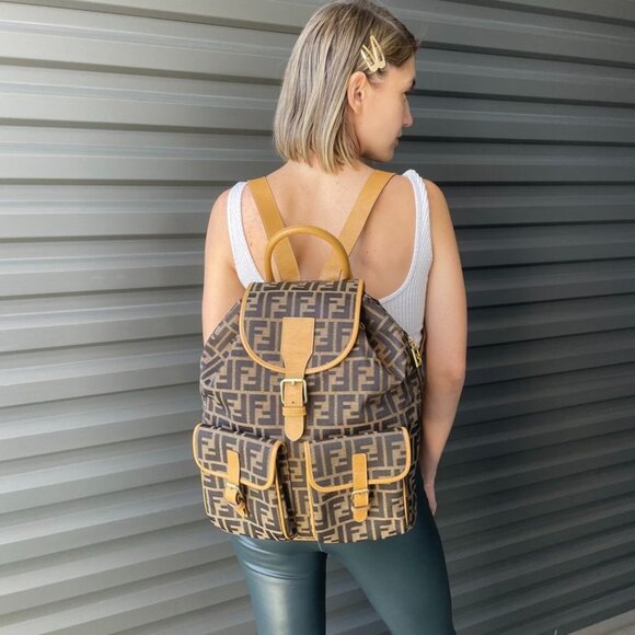 FENDI Vintage Brown & Tan Zucca Logo Monogram Canvas & Leather Drawstring Backpa main image 10
